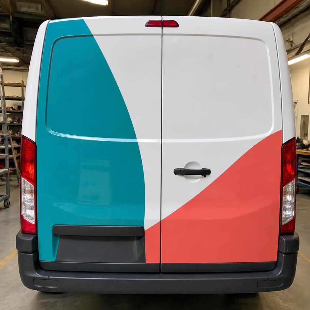 Rear doors of a white fleet van with teal and coral geometry