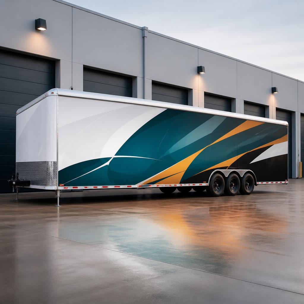 Enclosed utility trailer with teal and amber graphic panels