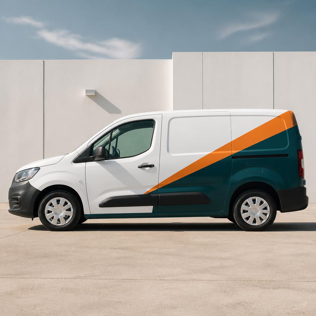 White cargo van with teal and orange geometric fleet graphics