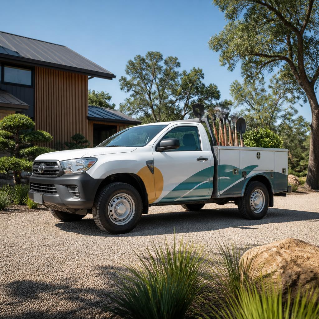 Compact work truck with olive teal and ochre abstract graphics