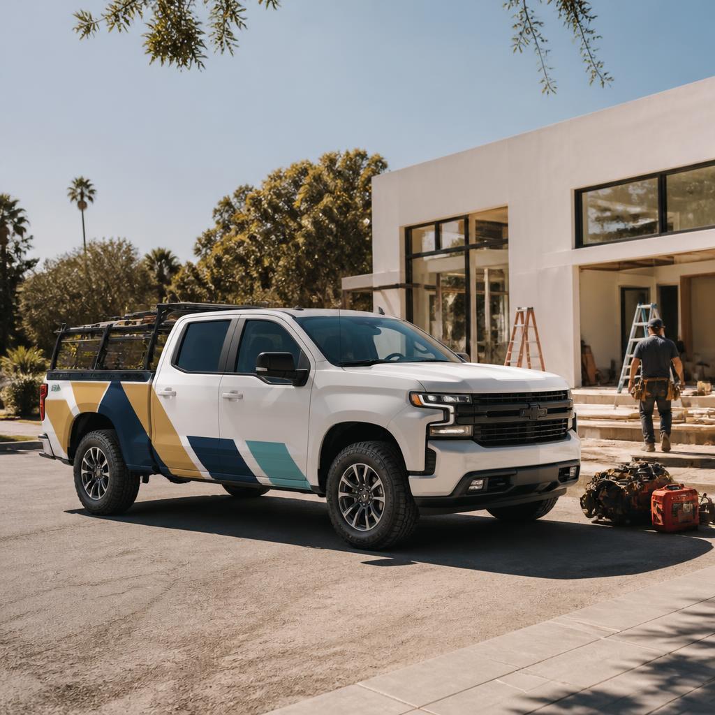 White contractor pickup with restrained teal and golden graphics