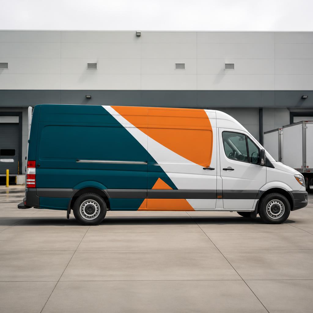 White commercial van with deep teal and warm orange fleet graphics